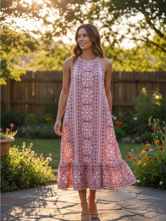 LOFT Dresses & Skirts - Ann Taylor LOFT Pink Geometric Floral Halter Maxi Dress - Size Large